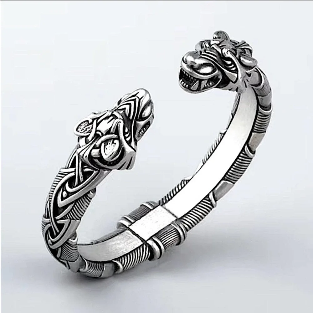 Silver Wolf Head Viking Norse Knotwork Cuff Bangle Bracelet